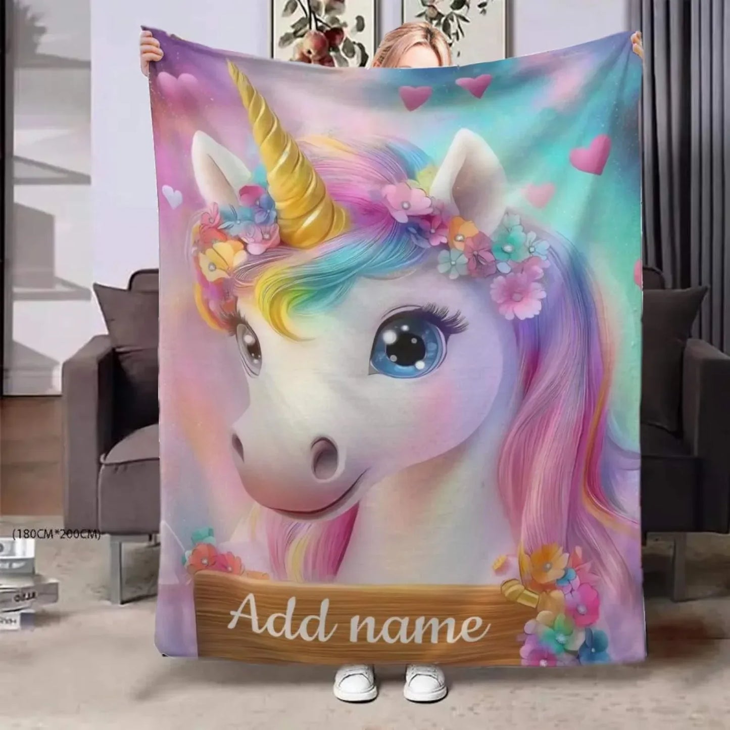 Personalized Unicorn Blanket: Rainbow Pink White Bedroom - Soft Flannel Fleece Throw, Name Gift - Dream Dragons