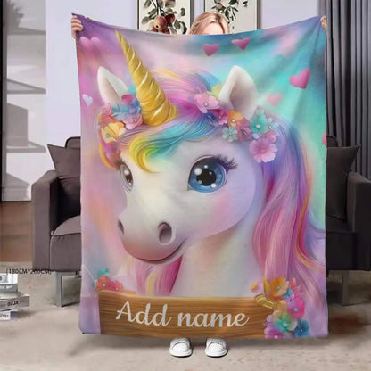 Personalized Unicorn Blanket: Rainbow Pink White Bedroom - Soft Flannel Fleece Throw, Name Gift - Dream Dragons