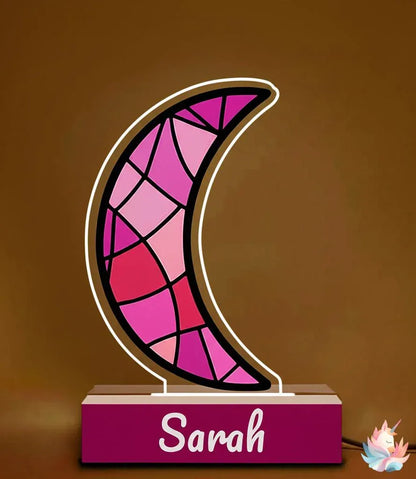 Personalized Pink Stained Glass Crescent Moon Night Light - Wooden Base - Dream Dragons