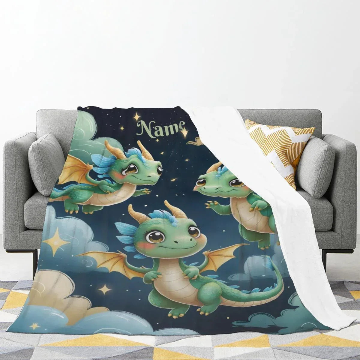 Personalized Green Dragon Blanket: Starry Night Bedroom Decor, Flannel Fleece Throw - Dream Dragons