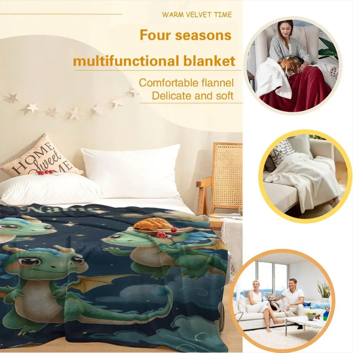 Personalized Green Dragon Blanket: Starry Night Bedroom Decor, Flannel Fleece Throw - Dream Dragons