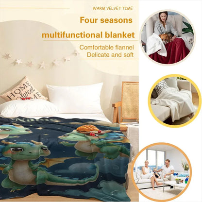 Personalized Green Dragon Blanket: Starry Night Bedroom Decor, Flannel Fleece Throw - Dream Dragons