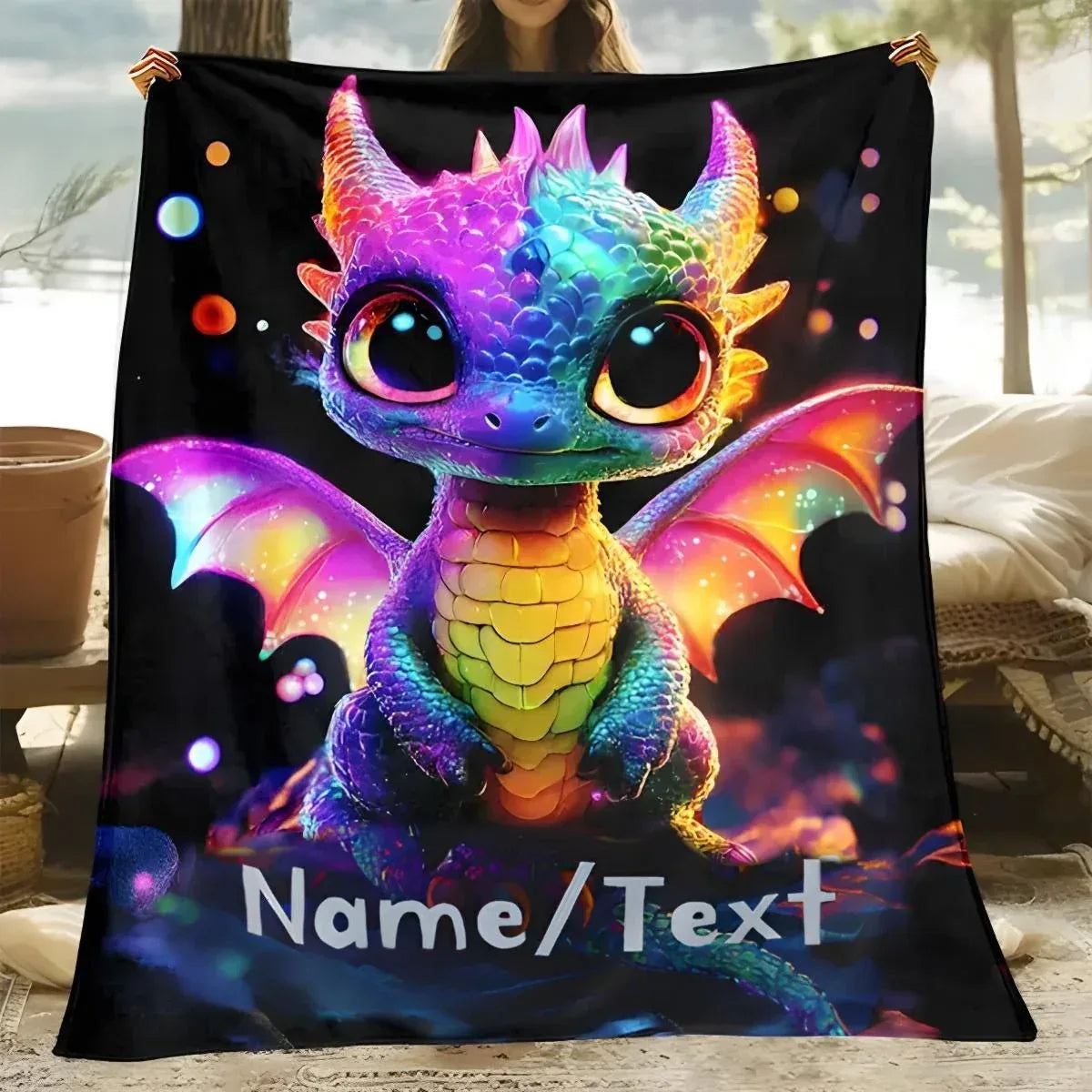 Personalized Glowing Rainbow Dragon Blanket: Soft Flannel Fleece Throw - Dream Dragons