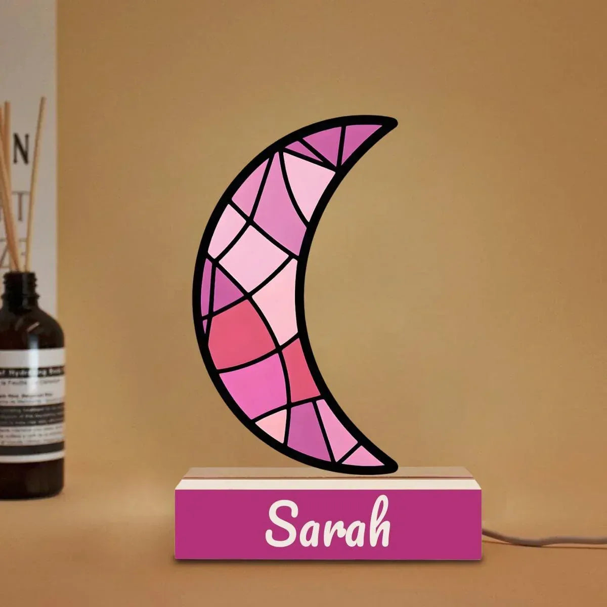 Personalized Pink Stained Glass Crescent Moon Night Light - Wooden Base - Dream Dragons