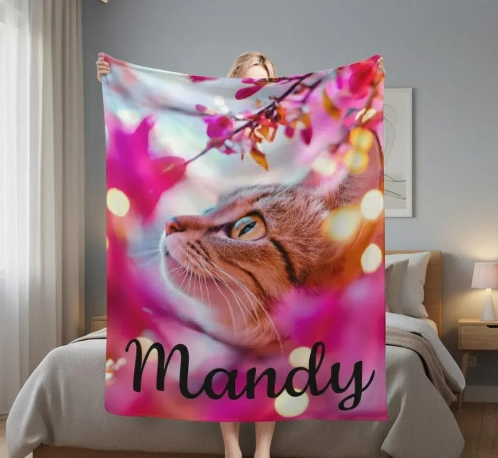 Personalized Cat Fleece Blanket: Pink Floral Kitty Design, Soft Custom Name Gift - Dream Dragons
