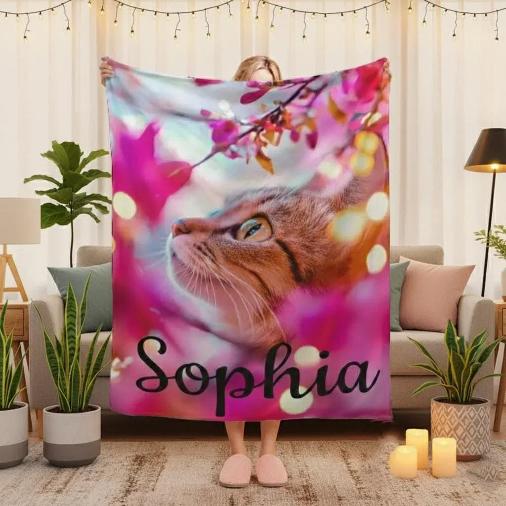 Personalized Cat Fleece Blanket: Pink Floral Kitty Design, Soft Custom Name Gift - Dream Dragons
