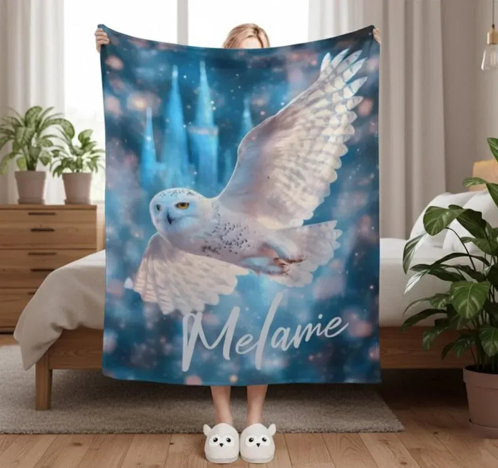 Personalized Wizarding Owl Blanket: Harry Potter Theme, Custom Flannel Fleece Name Throw - Dream Dragons
