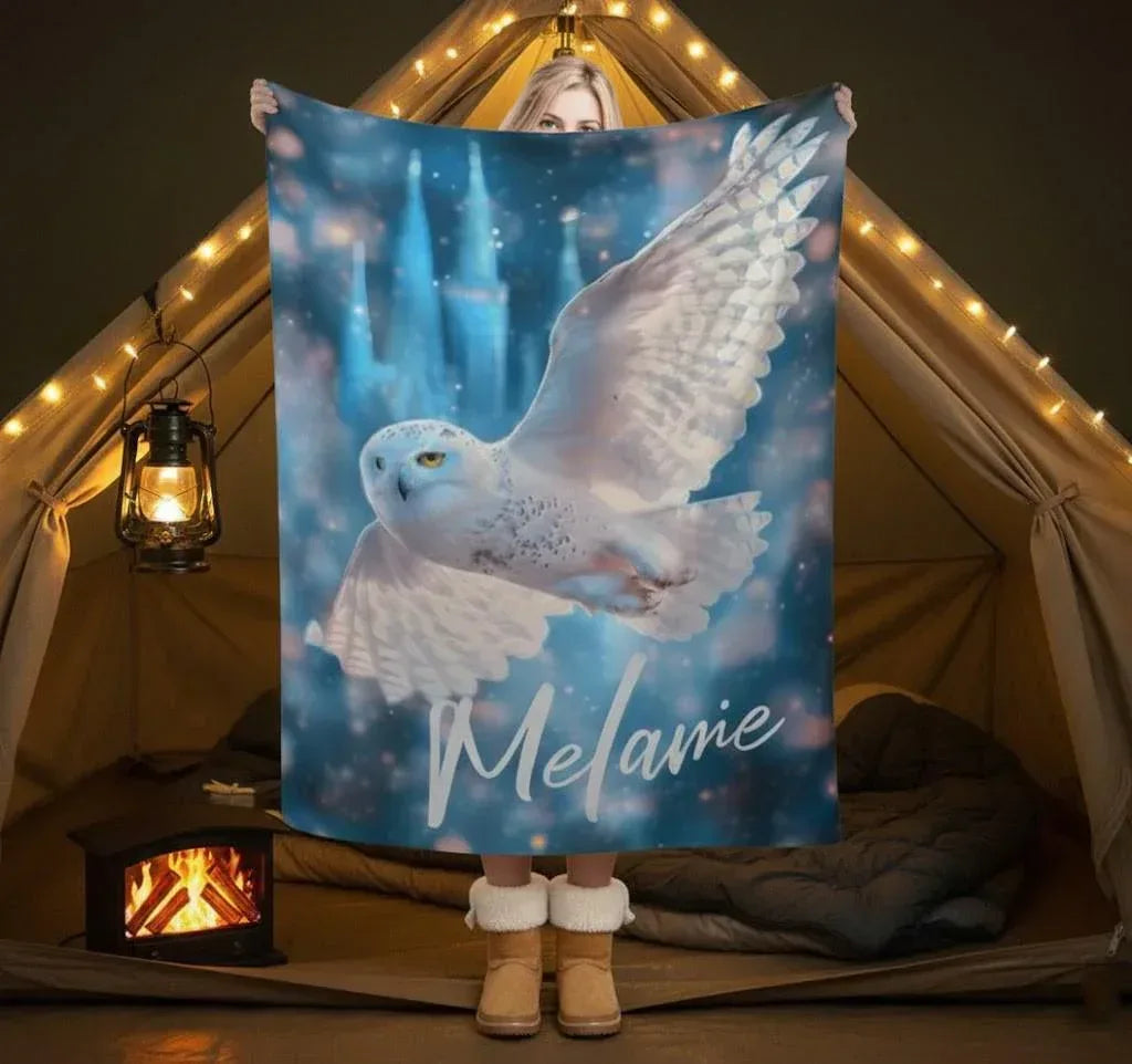 Personalized Wizarding Owl Blanket: Harry Potter Theme, Custom Flannel Fleece Name Throw - Dream Dragons