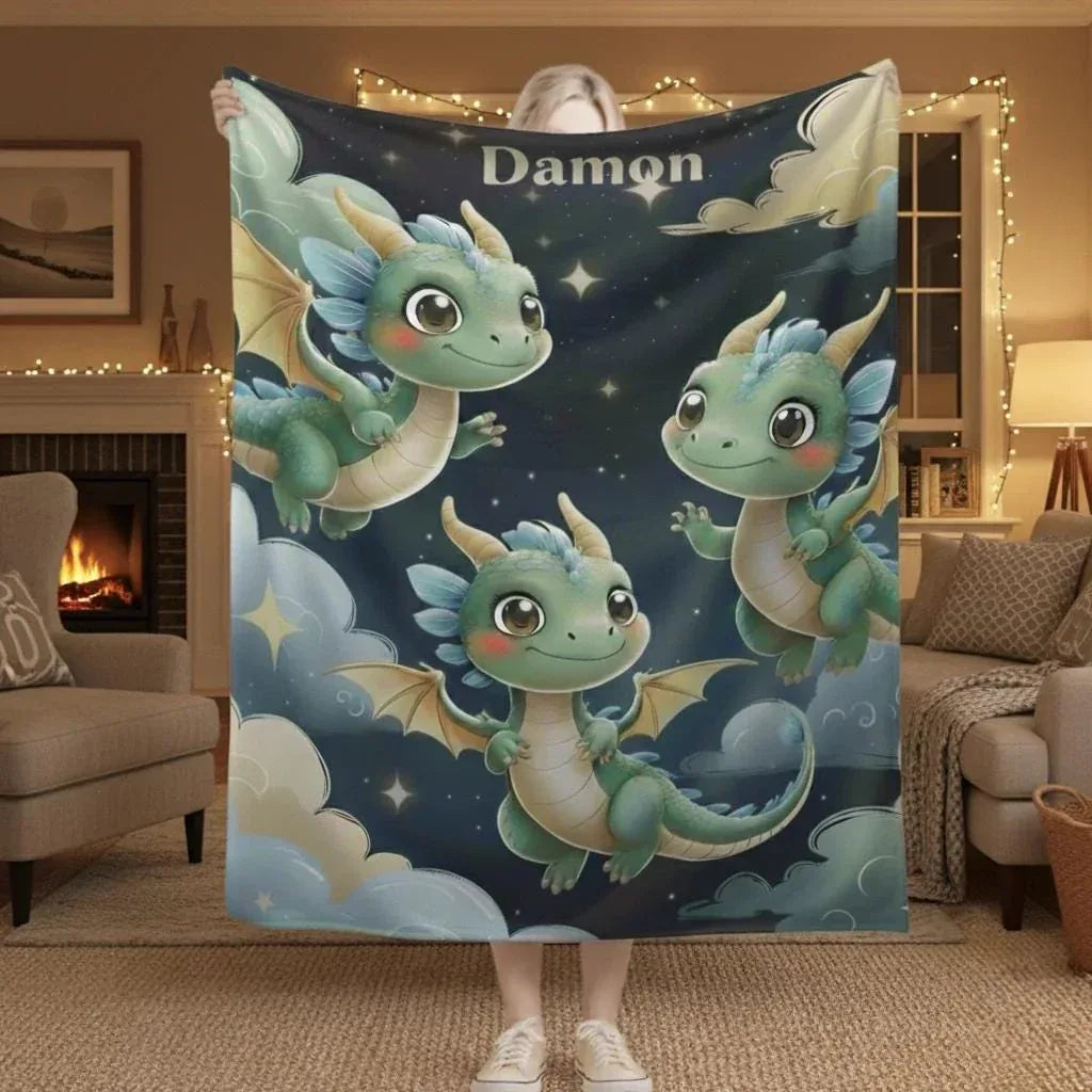 Personalized Green Dragon Blanket: Starry Night Bedroom Decor, Flannel Fleece Throw - Dream Dragons