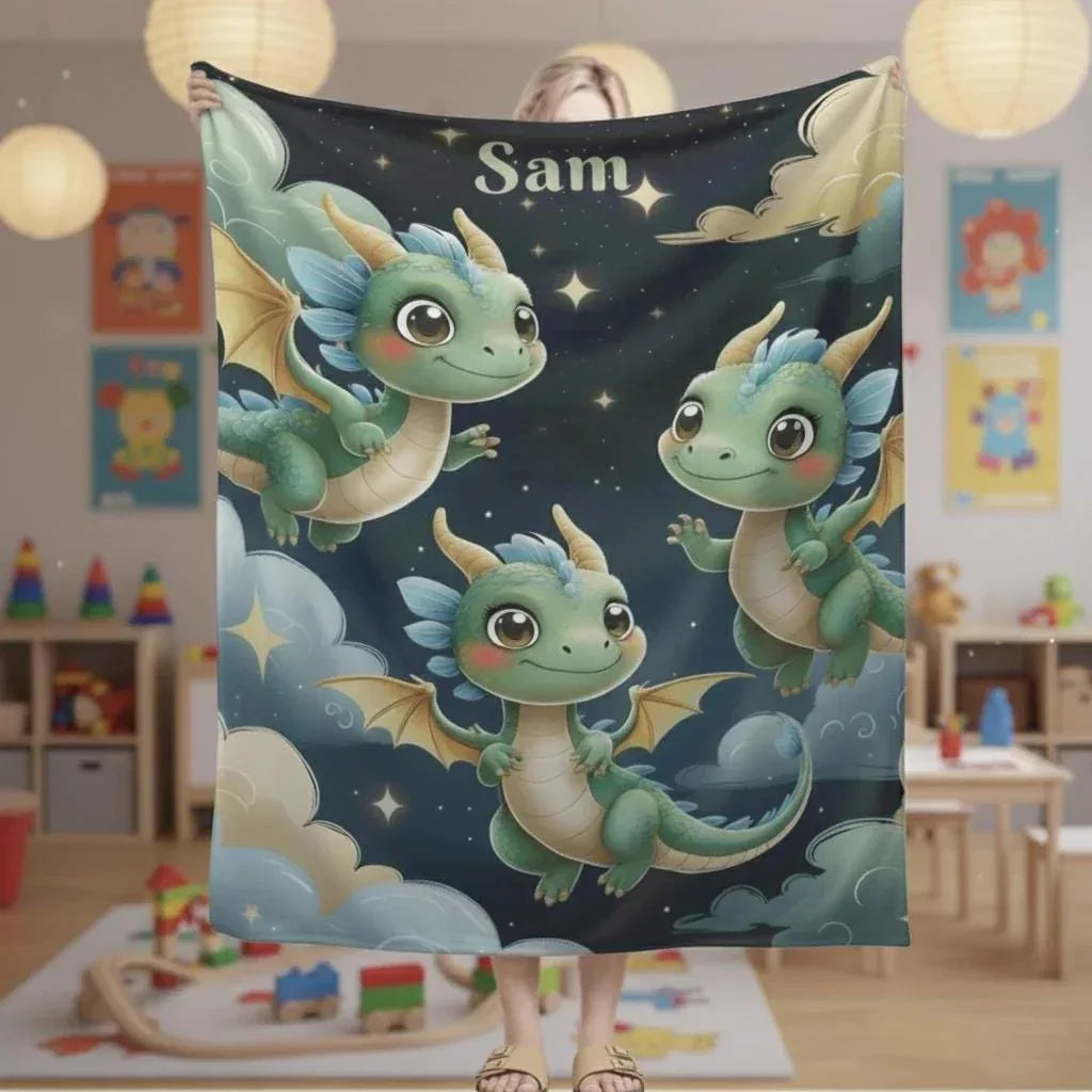 Personalized Green Dragon Blanket: Starry Night Bedroom Decor, Flannel Fleece Throw - Dream Dragons