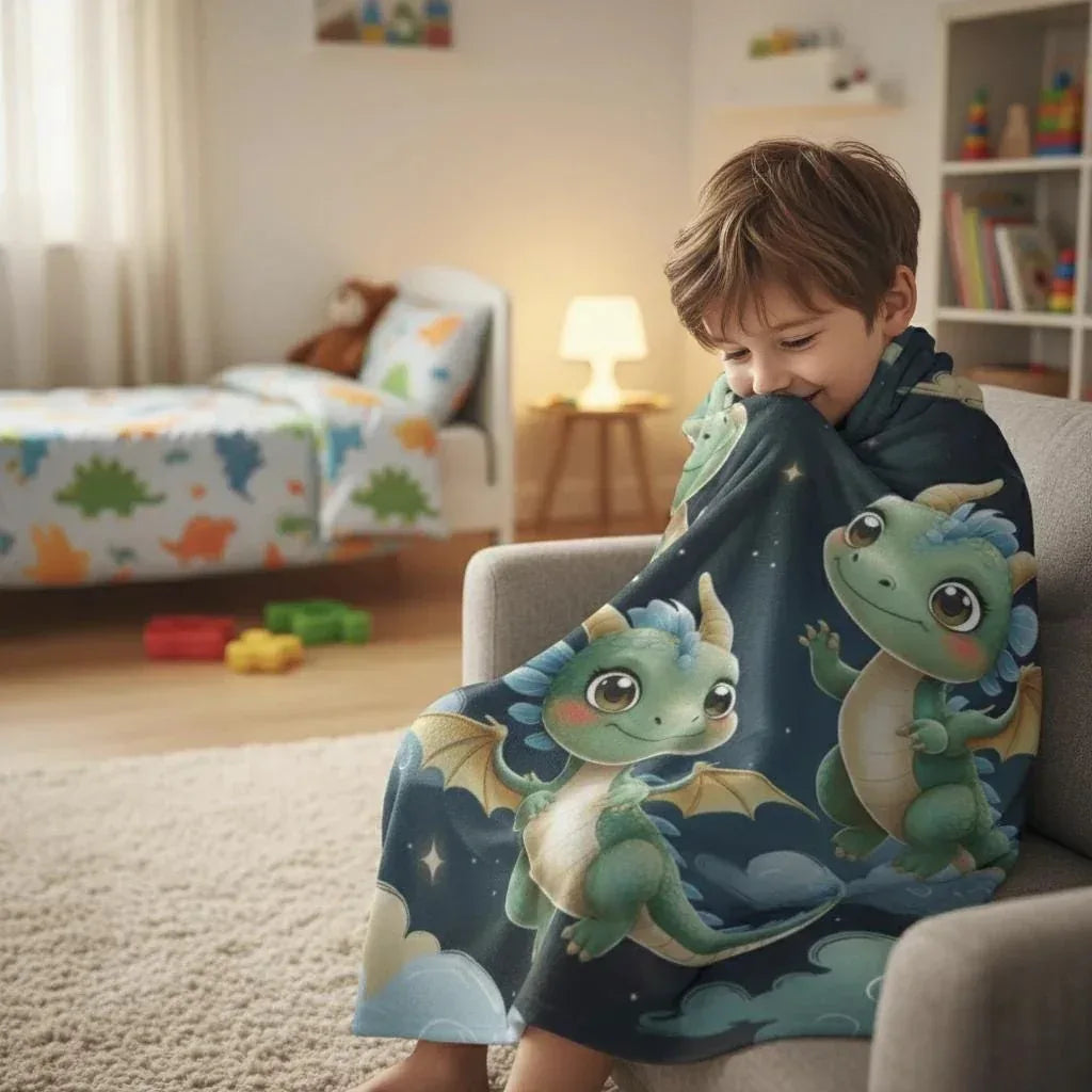 Personalized Green Dragon Blanket: Starry Night Bedroom Decor, Flannel Fleece Throw - Dream Dragons