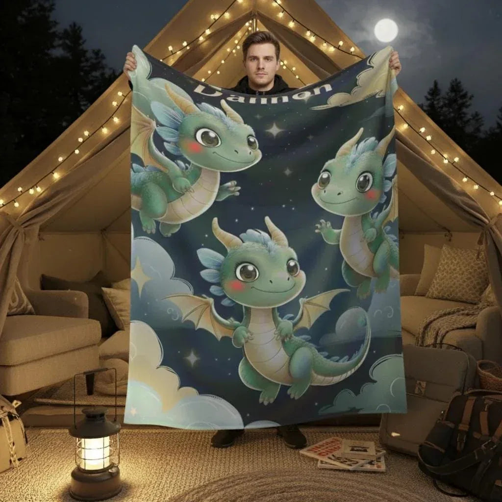 Personalized Green Dragon Blanket: Starry Night Bedroom Decor, Flannel Fleece Throw - Dream Dragons