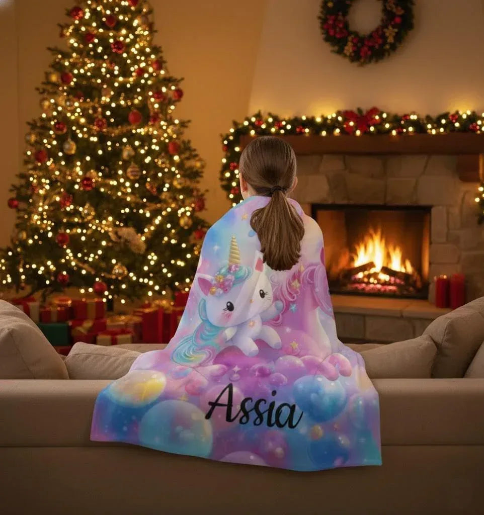 Personalized Kitty& Unicorn Fleece Blanket: Custom Name Throw, Soft Flannel - Dream Dragons