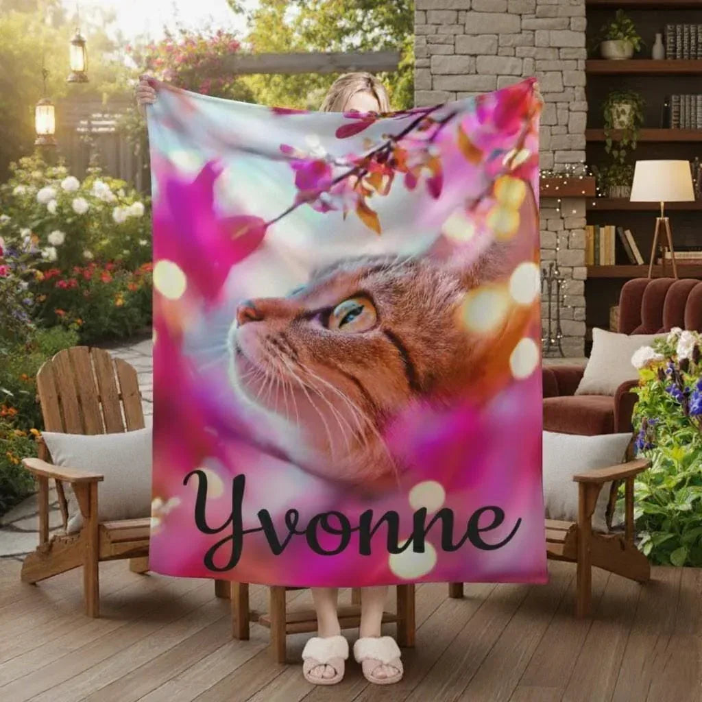 Personalized Cat Fleece Blanket: Pink Floral Kitty Design, Soft Custom Name Gift - Dream Dragons