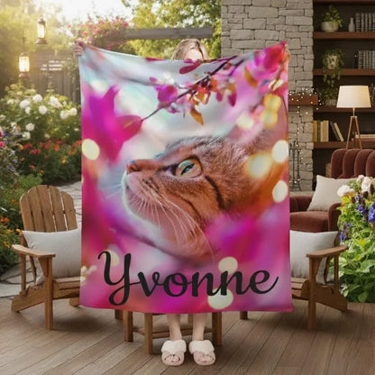Personalized Cat Fleece Blanket: Pink Floral Kitty Design, Soft Custom Name Gift - Dream Dragons