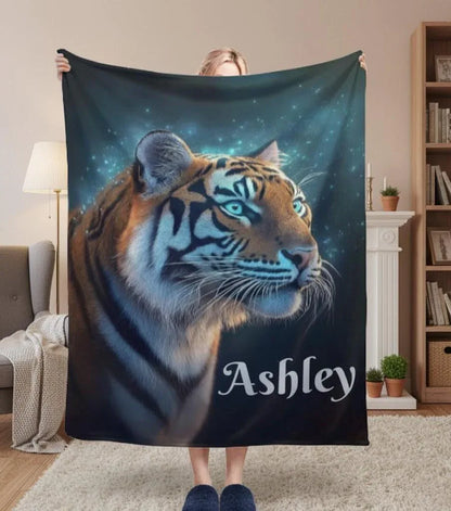 Personalized Tiger Blanket: Starry Night Jungle Throw, Soft Flannel Fleece Name Gift - Dream Dragons