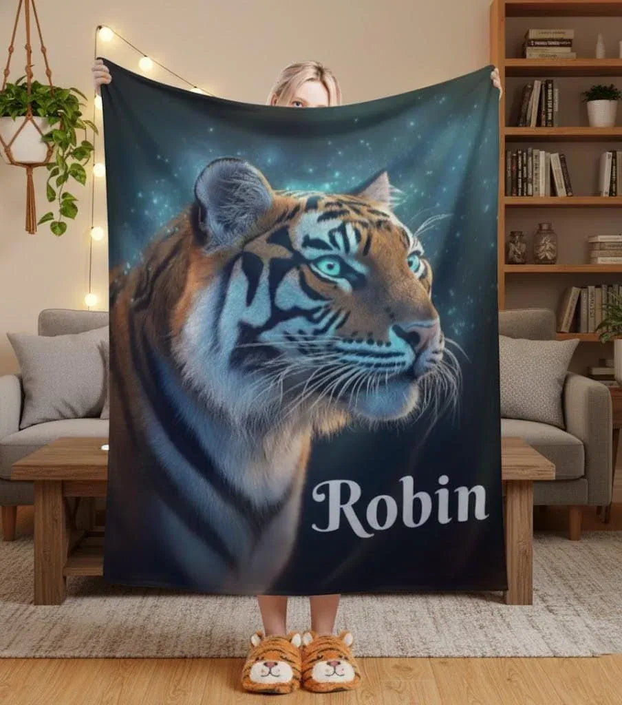 Personalized Tiger Blanket: Starry Night Jungle Throw, Soft Flannel Fleece Name Gift - Dream Dragons