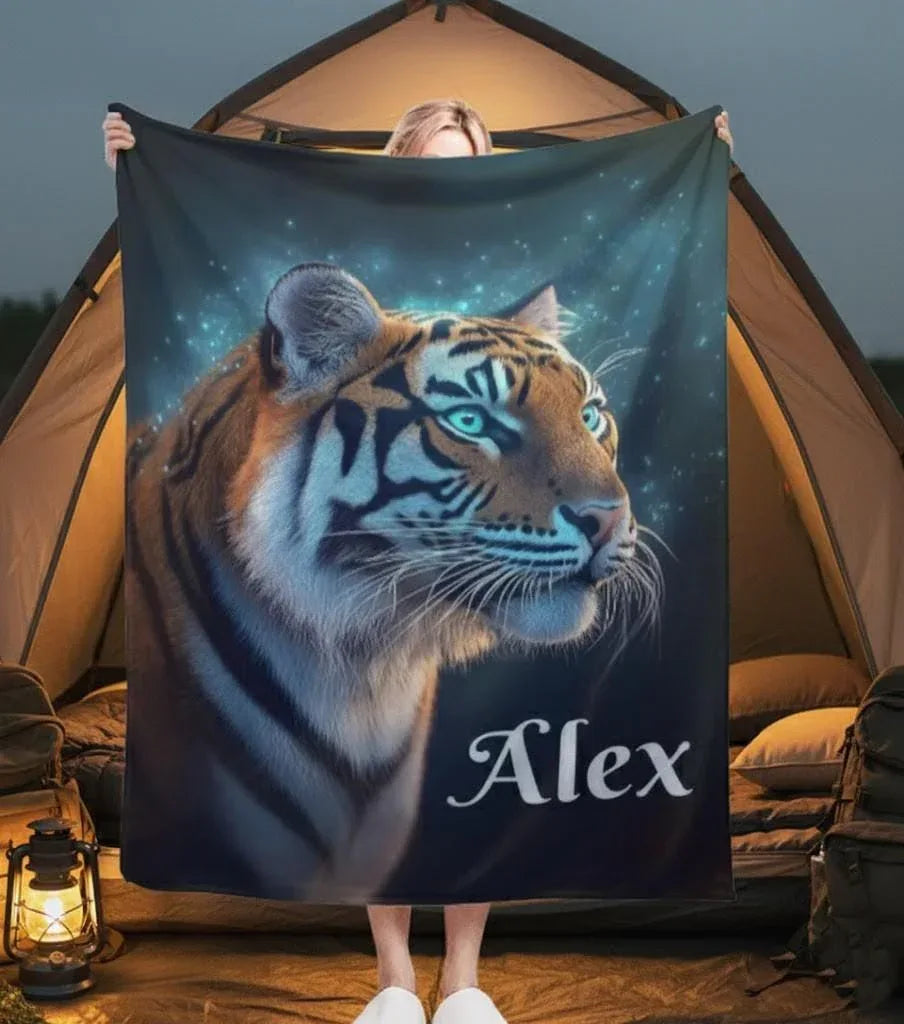 Personalized Tiger Blanket: Starry Night Jungle Throw, Soft Flannel Fleece Name Gift - Dream Dragons