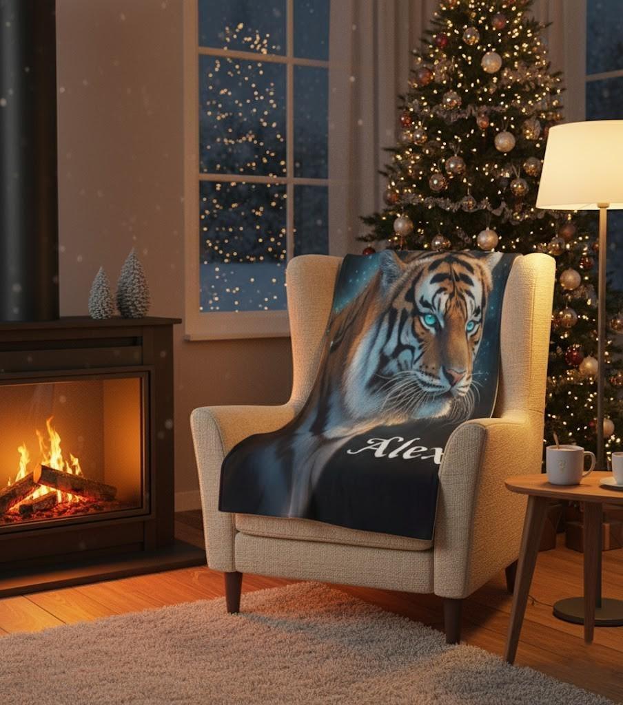 Personalized Tiger Blanket: Starry Night Jungle Throw, Soft Flannel Fleece Name Gift - Dream Dragons