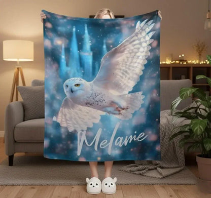 Personalized Wizarding Owl Blanket: Harry Potter Theme, Custom Flannel Fleece Name Throw - Dream Dragons