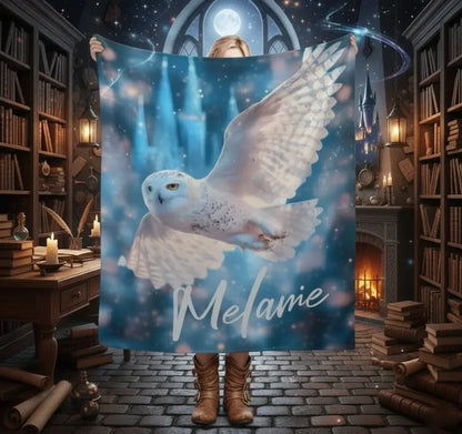 Personalized Wizarding Owl Blanket: Harry Potter Theme, Custom Flannel Fleece Name Throw - Dream Dragons