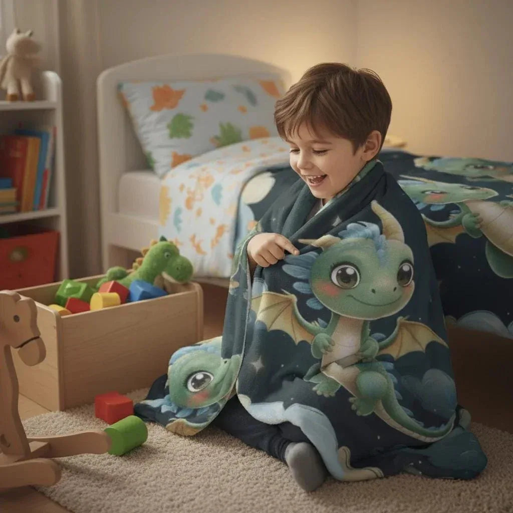 Personalized Green Dragon Blanket: Starry Night Bedroom Decor, Flannel Fleece Throw - Dream Dragons