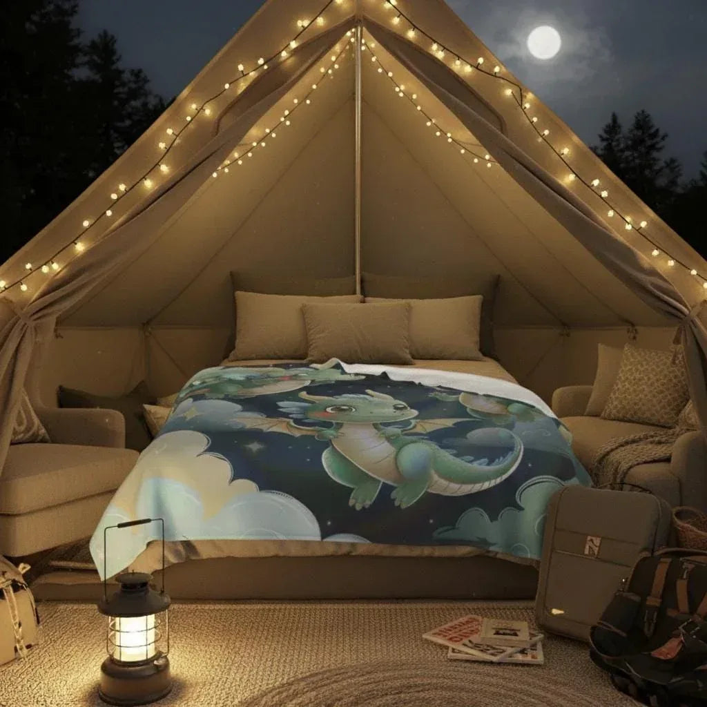 Personalized Green Dragon Blanket: Starry Night Bedroom Decor, Flannel Fleece Throw - Dream Dragons