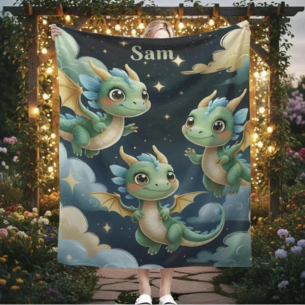 Personalized Green Dragon Blanket: Starry Night Bedroom Decor, Flannel Fleece Throw - Dream Dragons
