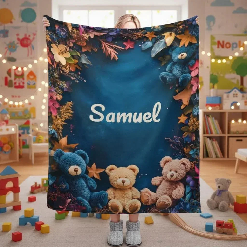 Personalized Teddy Bear Plush Blanket: Soft Flannel Fleece, Autumn Leaves, Custom Name Gift - Dream Dragons