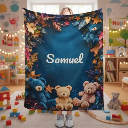 Personalized Teddy Bear Plush Blanket: Soft Flannel Fleece, Autumn Leaves, Custom Name Gift - Dream Dragons