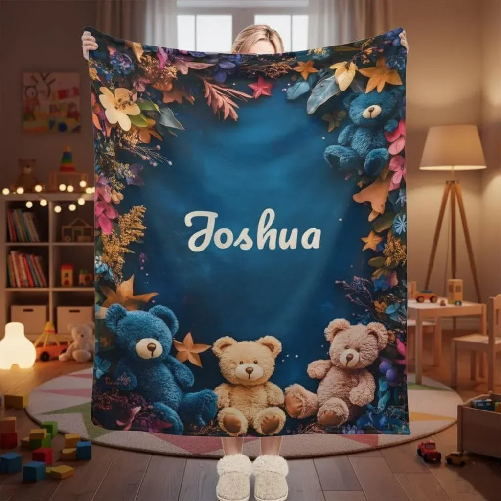 Personalized Teddy Bear Plush Blanket: Soft Flannel Fleece, Autumn Leaves, Custom Name Gift - Dream Dragons