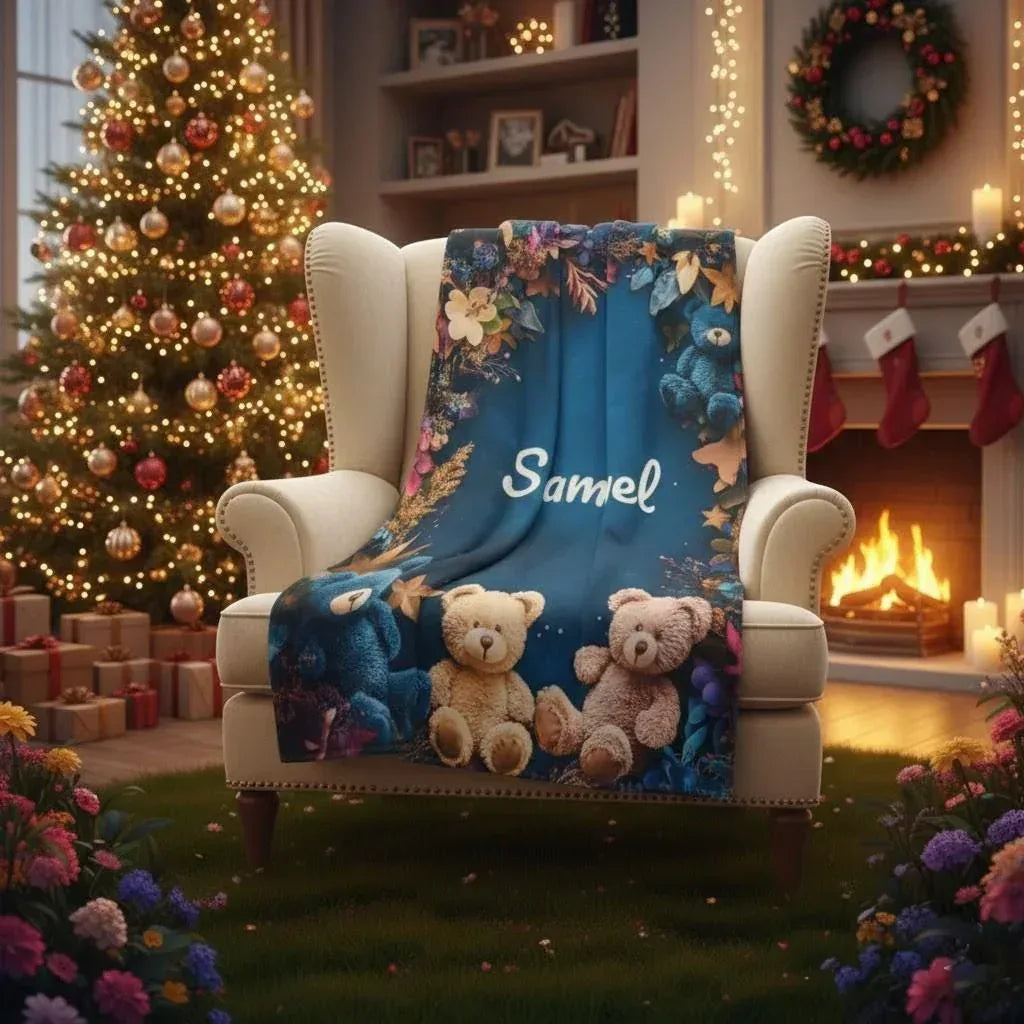 Personalized Teddy Bear Plush Blanket: Soft Flannel Fleece, Autumn Leaves, Custom Name Gift - Dream Dragons