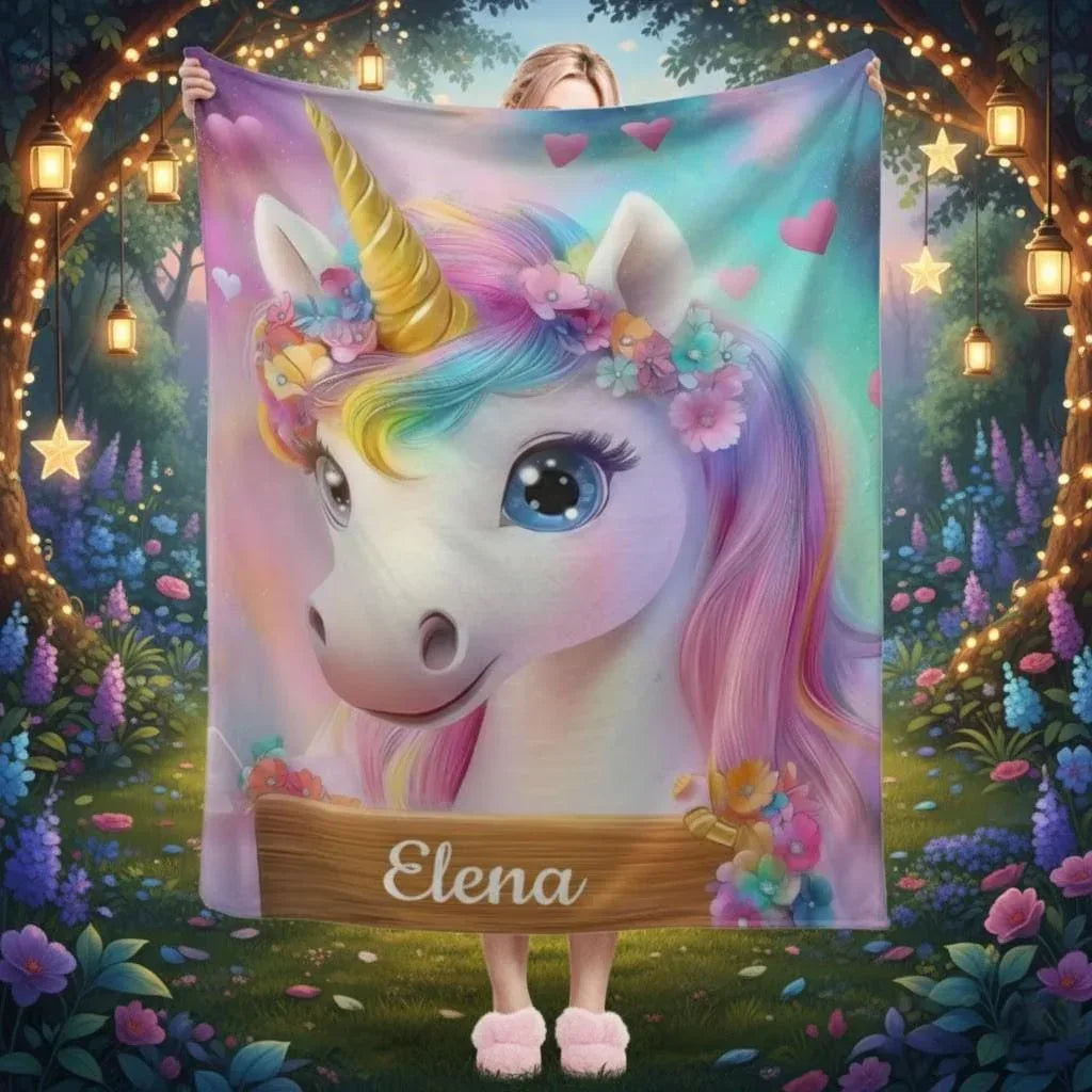 Personalized Unicorn Blanket: Rainbow Pink White Bedroom - Soft Flannel Fleece Throw, Name Gift - Dream Dragons