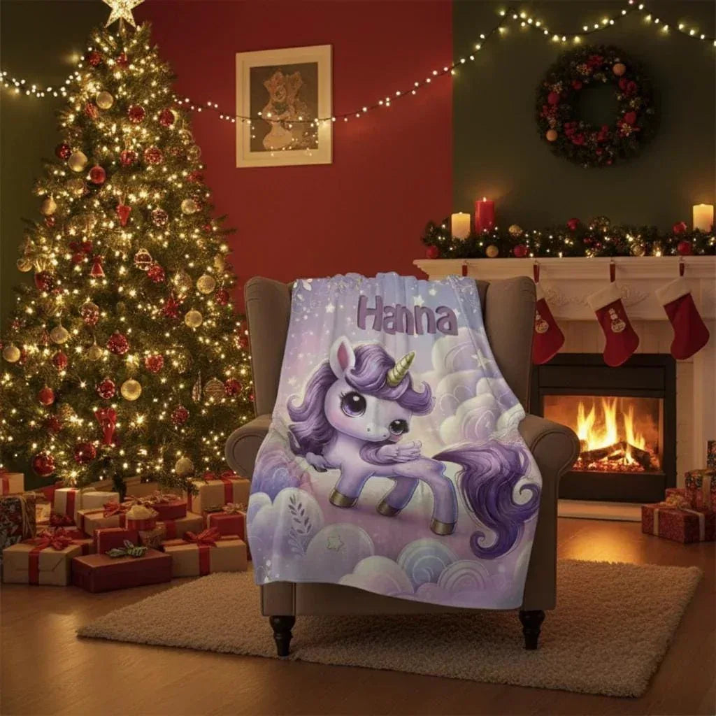 Personalized Unicorn Blanket: Enchanted Purple Fantasy Throw, Flannel Fleece Name Gift - Dream Dragons
