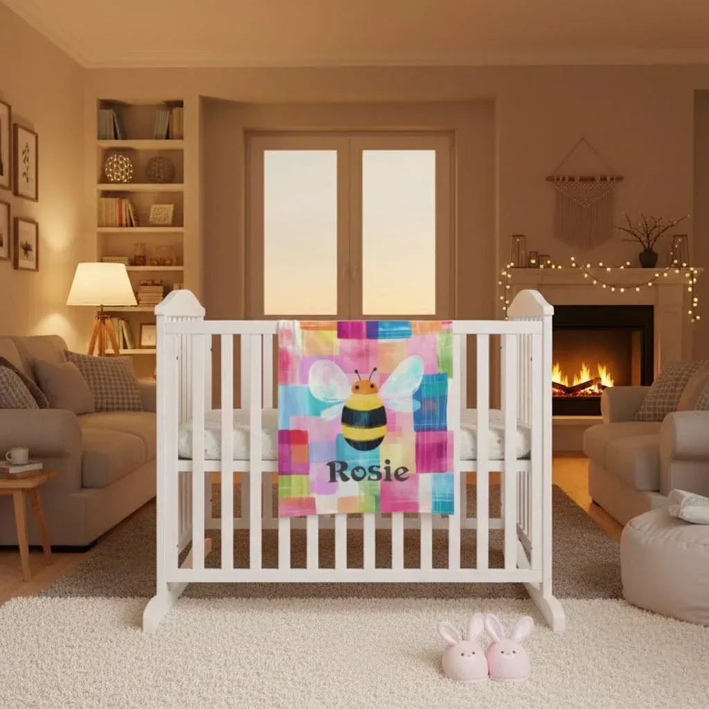 Personalized Bee Blanket: Patchwork Nursery Fleece Throw - Dream Dragons