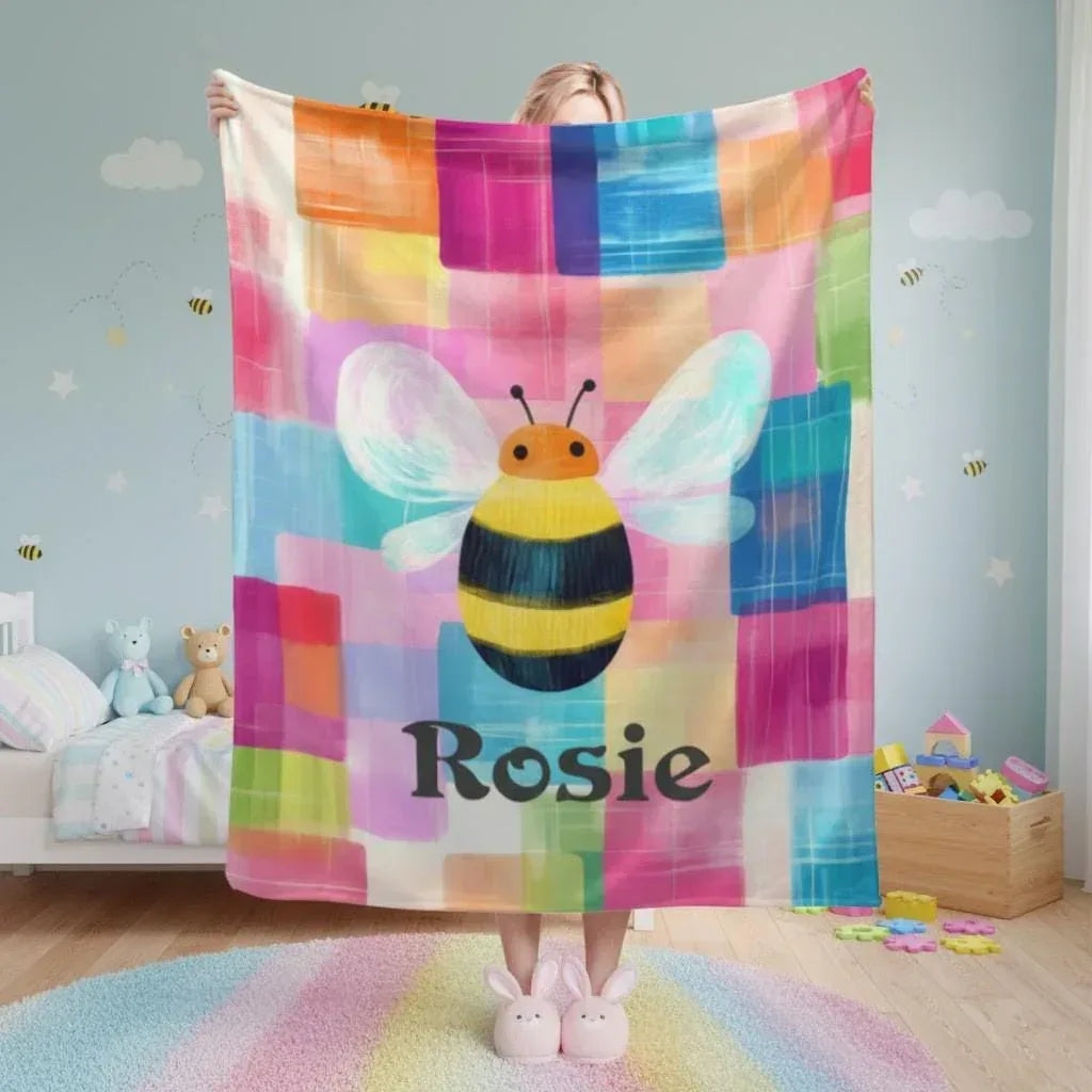 Personalized Bee Blanket: Patchwork Nursery Fleece Throw - Dream Dragons