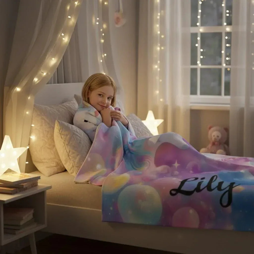 Personalized Kitty& Unicorn Fleece Blanket: Custom Name Throw, Soft Flannel - Dream Dragons