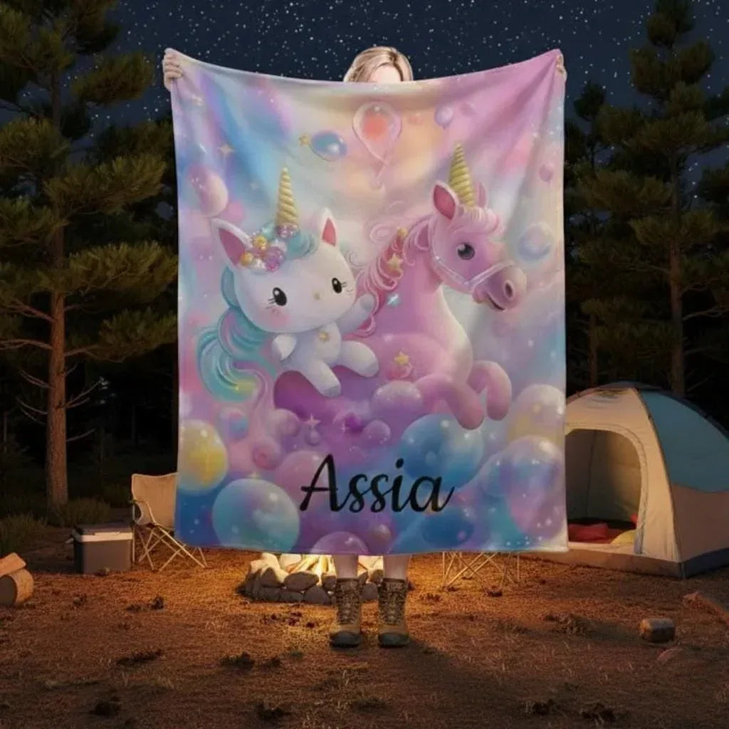 Personalized Kitty& Unicorn Fleece Blanket: Custom Name Throw, Soft Flannel - Dream Dragons