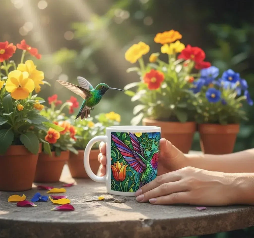 Hummingbird Colorful Mug: Stained Glass Design, Hot Chocolate, Coffee Mug, Tea Cup - Dream Dragons