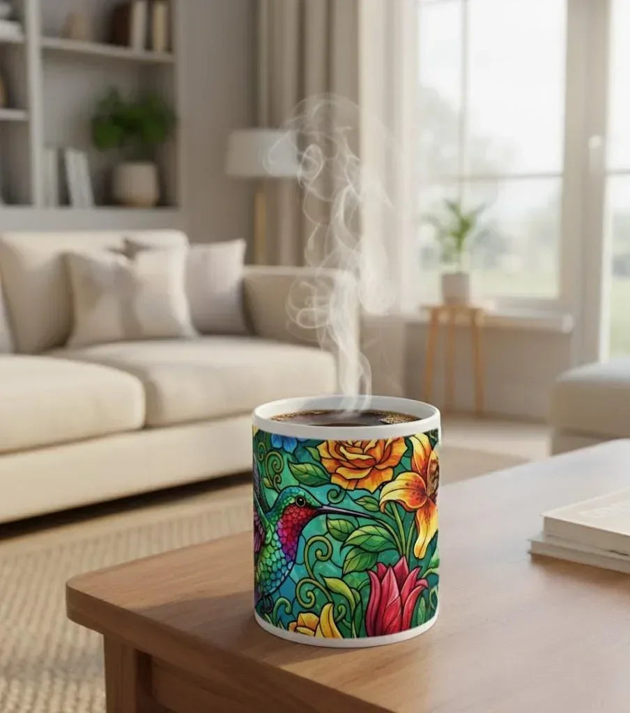Hummingbird Colorful Mug: Stained Glass Design, Hot Chocolate, Coffee Mug, Tea Cup - Dream Dragons