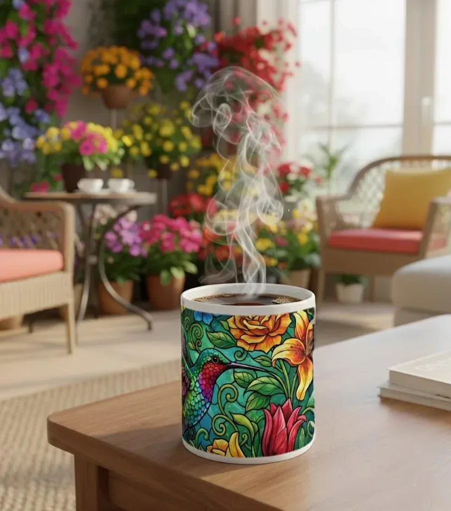 Hummingbird Colorful Mug: Stained Glass Design, Hot Chocolate, Coffee Mug, Tea Cup - Dream Dragons