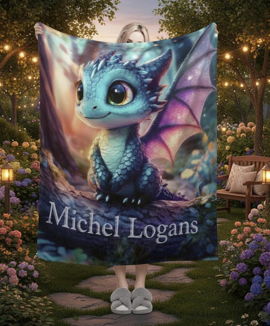 Personalized dragon fleece throw with blue dragon graphic and 'Michel Logans' name