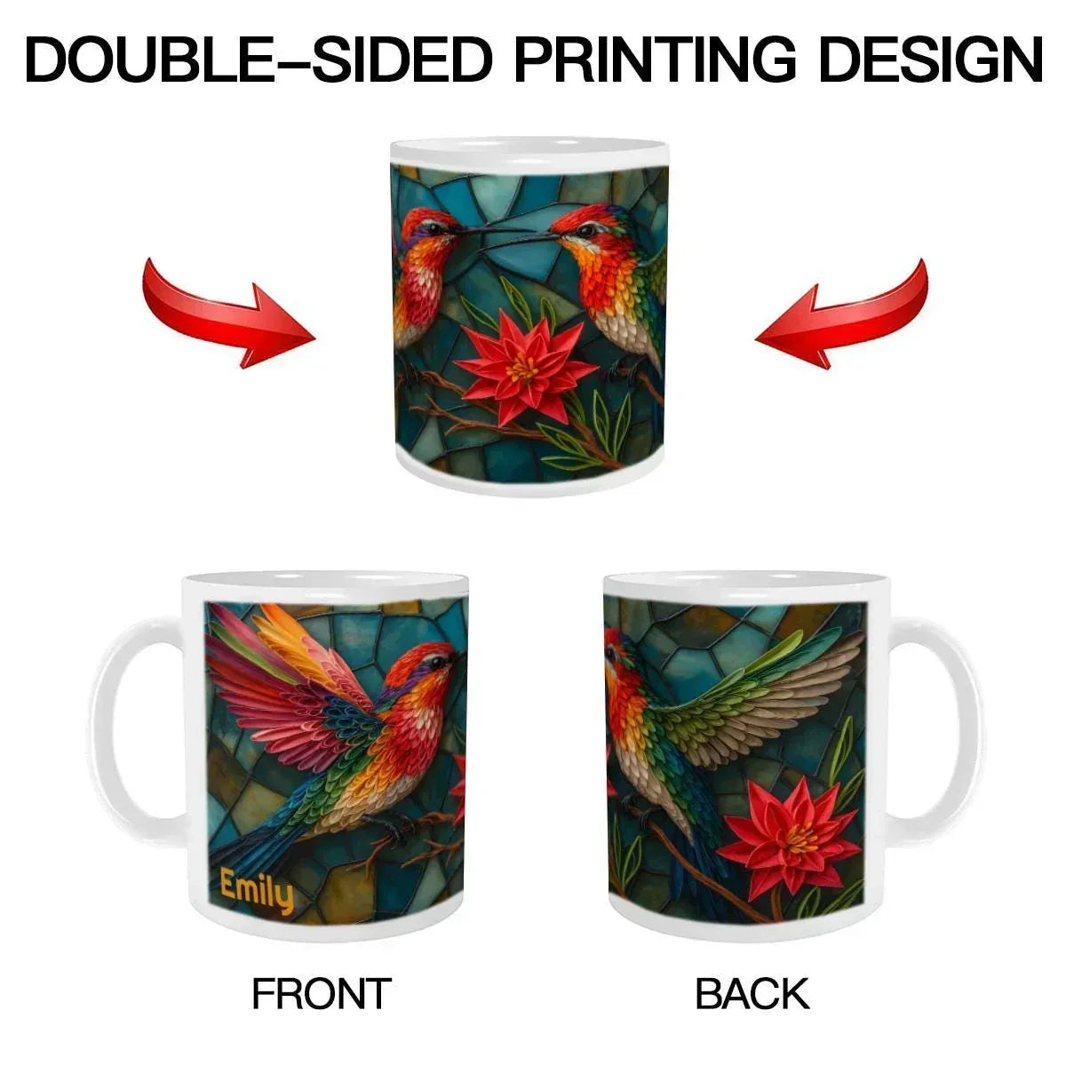 Personalized Stained Glass Hummingbird Coffee Mug: Bohemian Ceramic Tea Cup - Gift with Name - Dream Dragons