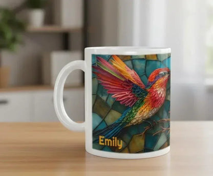 Personalized Stained Glass Hummingbird Coffee Mug: Bohemian Ceramic Tea Cup - Gift with Name - Dream Dragons