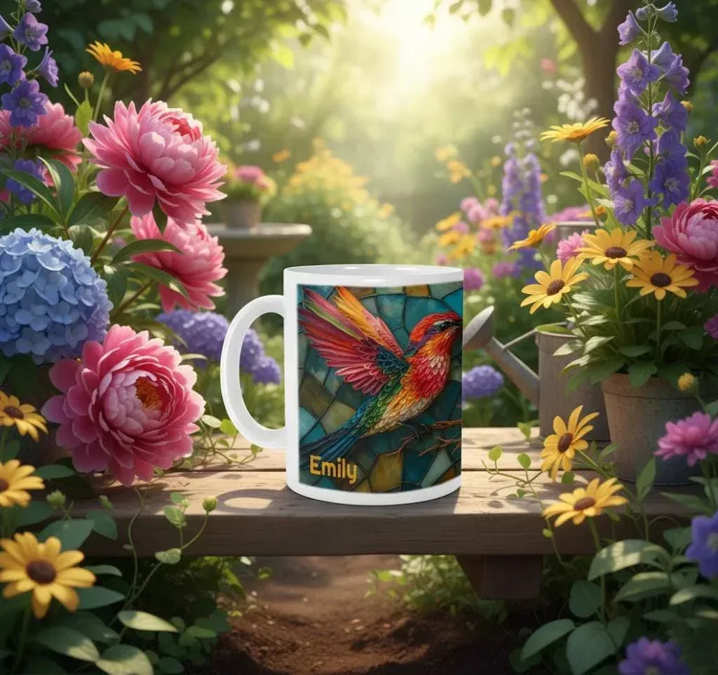 Personalized Stained Glass Hummingbird Coffee Mug: Bohemian Ceramic Tea Cup - Gift with Name - Dream Dragons