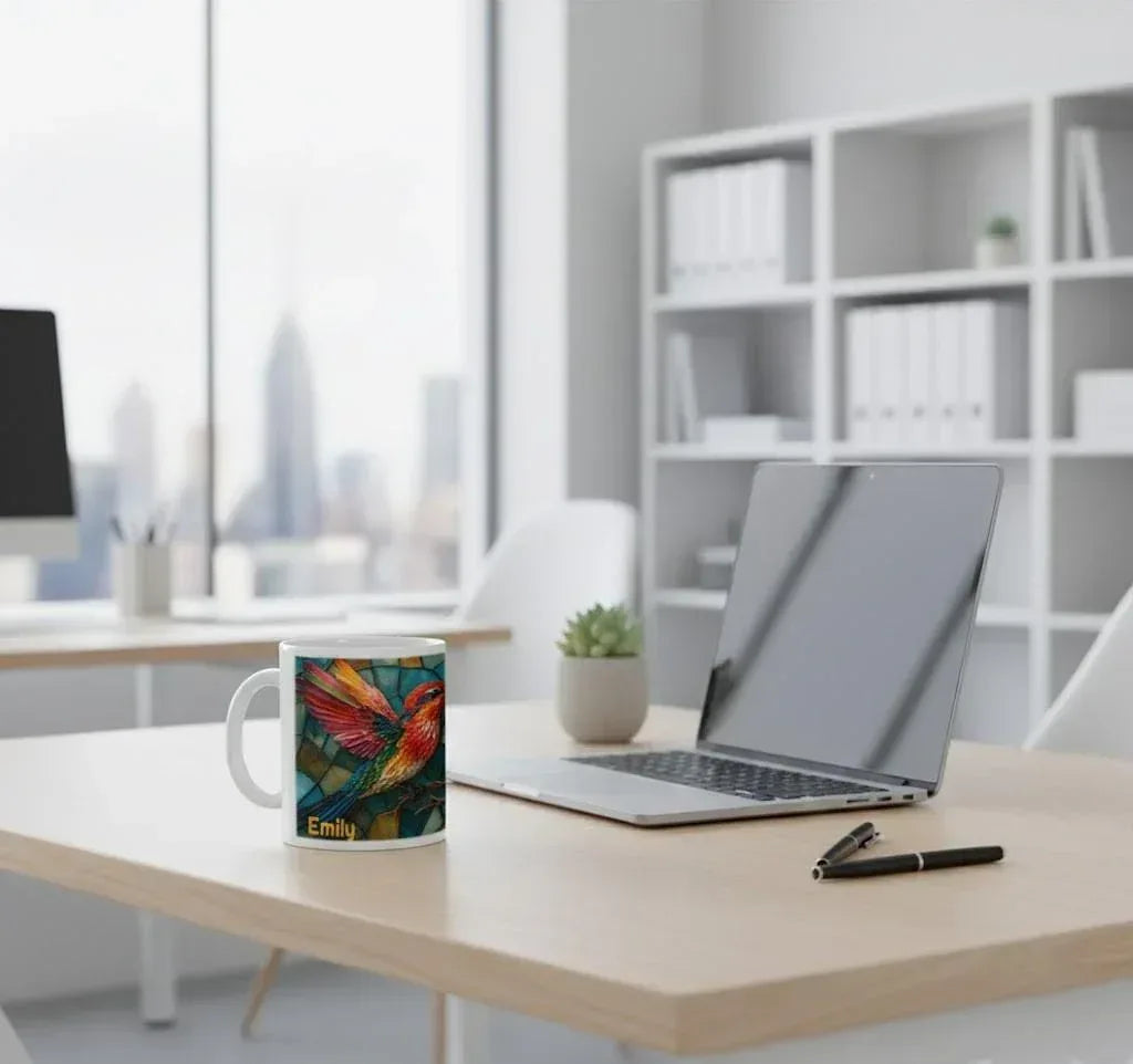 Personalized Stained Glass Hummingbird Coffee Mug: Bohemian Ceramic Tea Cup - Gift with Name - Dream Dragons