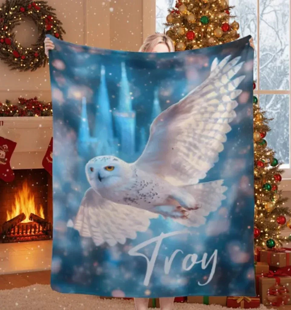 Personalized Wizarding Owl Blanket: Harry Potter Theme, Custom Flannel Fleece Name Throw - Dream Dragons