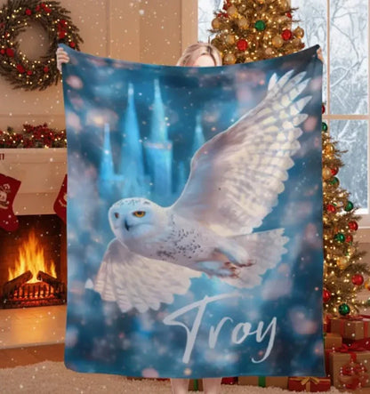 Personalized Wizarding Owl Blanket: Harry Potter Theme, Custom Flannel Fleece Name Throw - Dream Dragons