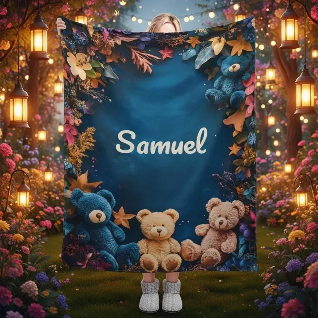 Personalized Teddy Bear Plush Blanket: Soft Flannel Fleece, Autumn Leaves, Custom Name Gift - Dream Dragons