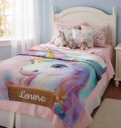 Personalized Unicorn Blanket: Rainbow Pink White Bedroom - Soft Flannel Fleece Throw, Name Gift - Dream Dragons